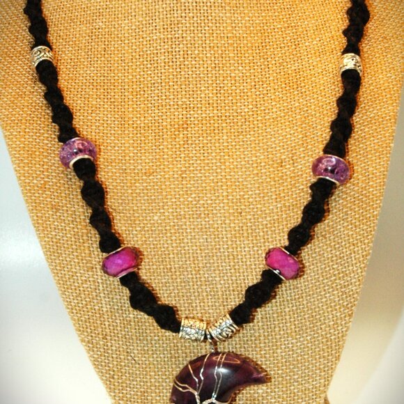 Amethyst Wire Wrapped Tree of Life Crescent Moon on a 20" Black Hemp Necklace - Picture 3 of 4
